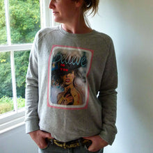 Load image into Gallery viewer, grey.believe.sweater.on.model
